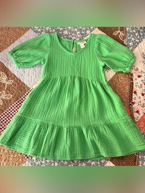 Cat & Jack Girls Bright Green Gauze Tiered Dress XS 4/5 Puff Sleeve